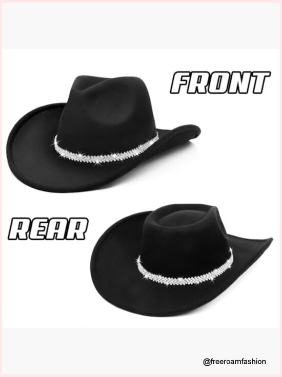 Adjustable Wide Brim Felt Cowboy Hat with Rhinestone Tassel Band, Cowgirl